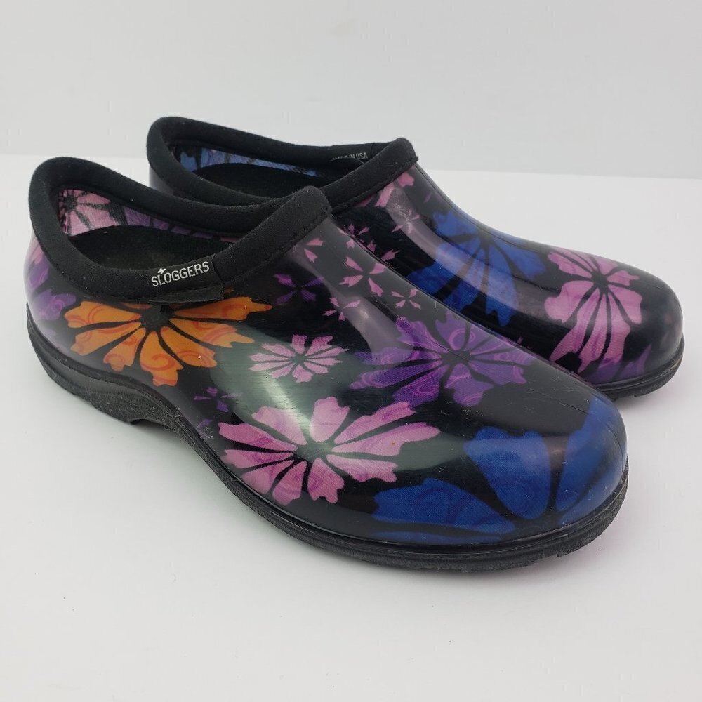 Sloggers Womens Size 6 Black Floral Slip On Garden Rain Rubber Clog Shoes
